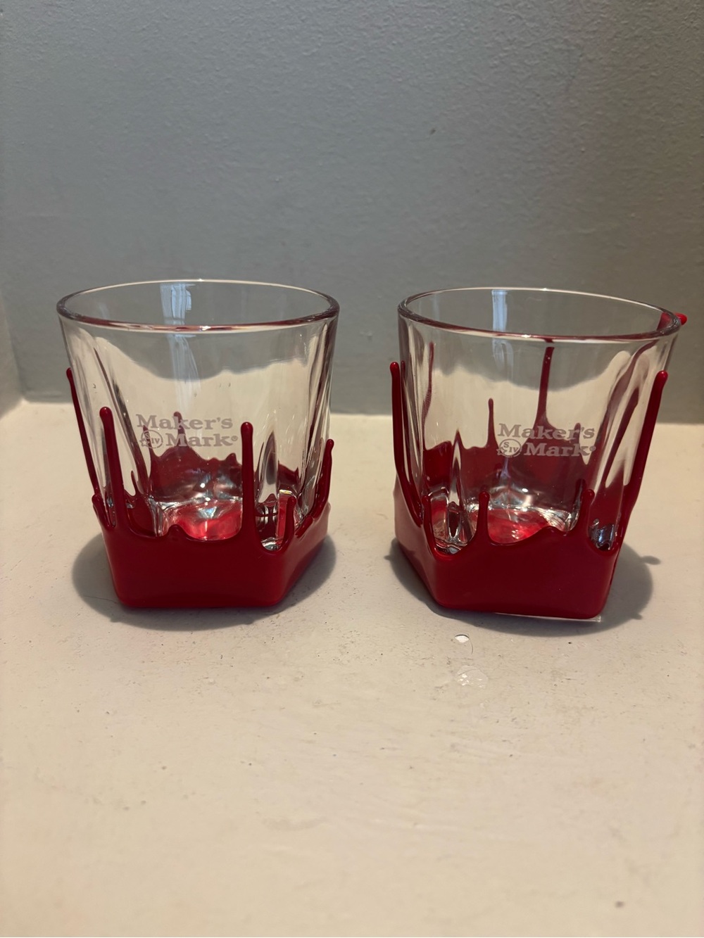 2 lowball Whiskey Glasses Red Wax Drip  Bourbon bar Mancave Halloween Goth blood